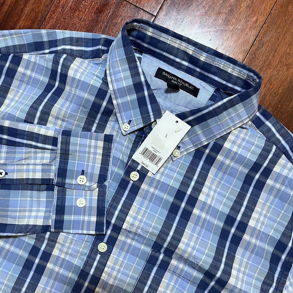 Banana Republic Shirt Mens Large Blue Plaid Slim Fit Long Sleeve NWT MSRP $64.50